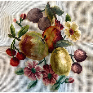Vintage Preworked Decorator Needlepoint Canvas Fruit Floral Dritz MCM Design 9x9